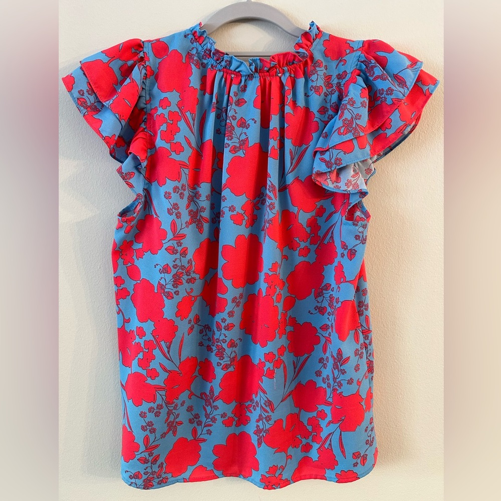 Vintage Charm | Sugarlips | Women’s Blue and Coral Floral Blouse | S - Picture 4 of 4